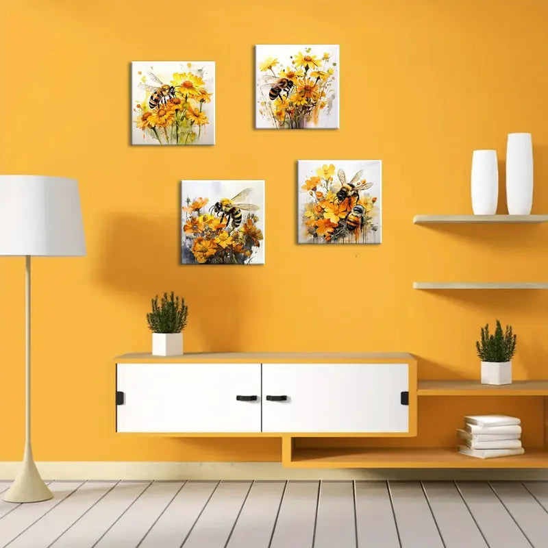 4pcs  Wildflower Wall Art Bee  Poppy  Flower Wall Art Canvas Framed - Bella Home Decor