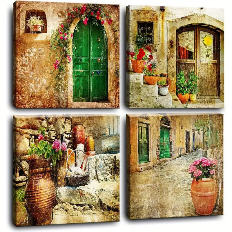 4pcs  Vibrant Yellow Rose & Stone  Wall Art Canvas Framed