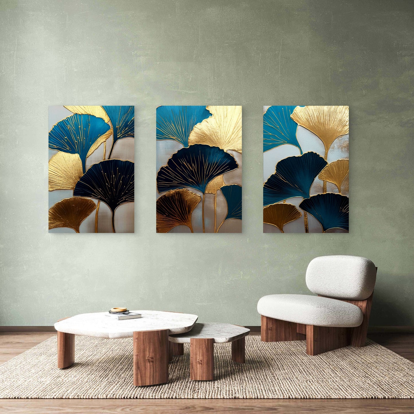 3pcs Gold Ginkgo Biloba Leaf Teal Navy Blue  Wall Art Set Canvas Framed 60x90cm - High Quality Print 100% Australian Made Wall Canvas Ready to Hang