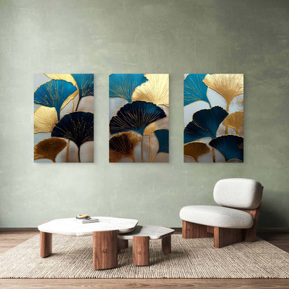 3pcs Gold Ginkgo Biloba Leaf Teal Navy Blue  Wall Art Set Canvas Framed 60x90cm - High Quality Print 100% Australian Made Wall Canvas Ready to Hang