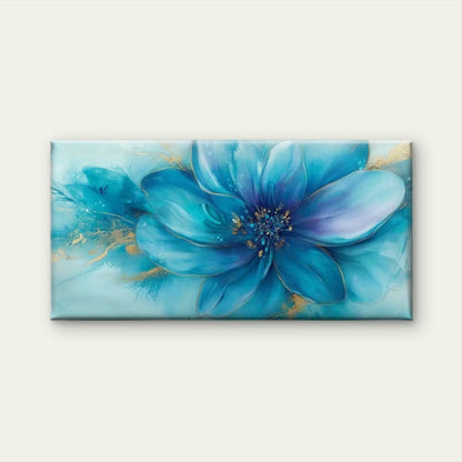 Blue Floral Abstract Golden Wall Art Canvas Office Home Room Framed 120x60cm