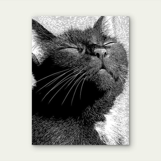 Black and White Japanese Linocut Style Cat 60x90cm Metal Print Ready to Hang