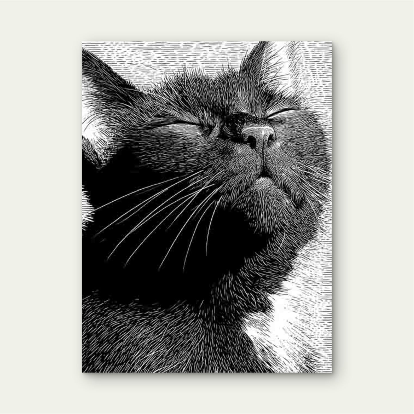 Black and White Japanese Linocut Style Cat Metal 40x60cm Print Ready to Hang - Bella Home Decor
