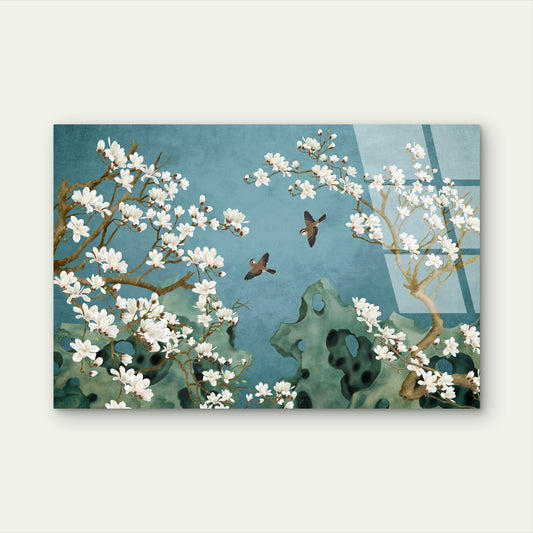 Vintage Asian Teal Floral Cherry Blossom Acrylic Glass Printing Wall Art Australian Made Quality