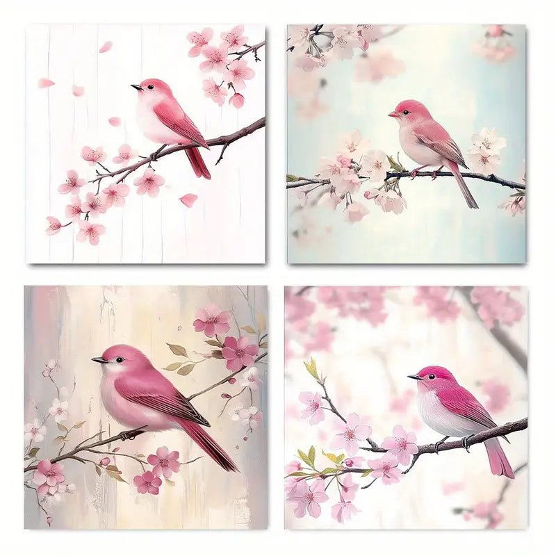 4pcs  Bummingbirds on Branch Picture Print Pink  Wall Art Canvas Framed