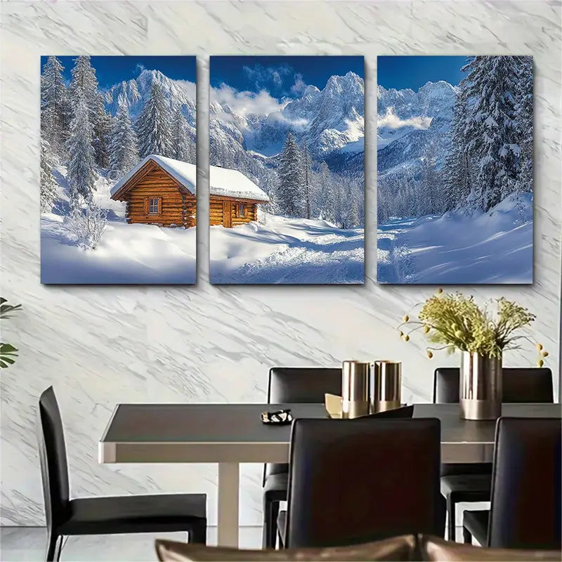 3pcs Austrian Alps Log Cabin Metal Print Ready to Hang Art - Bella Home Decor