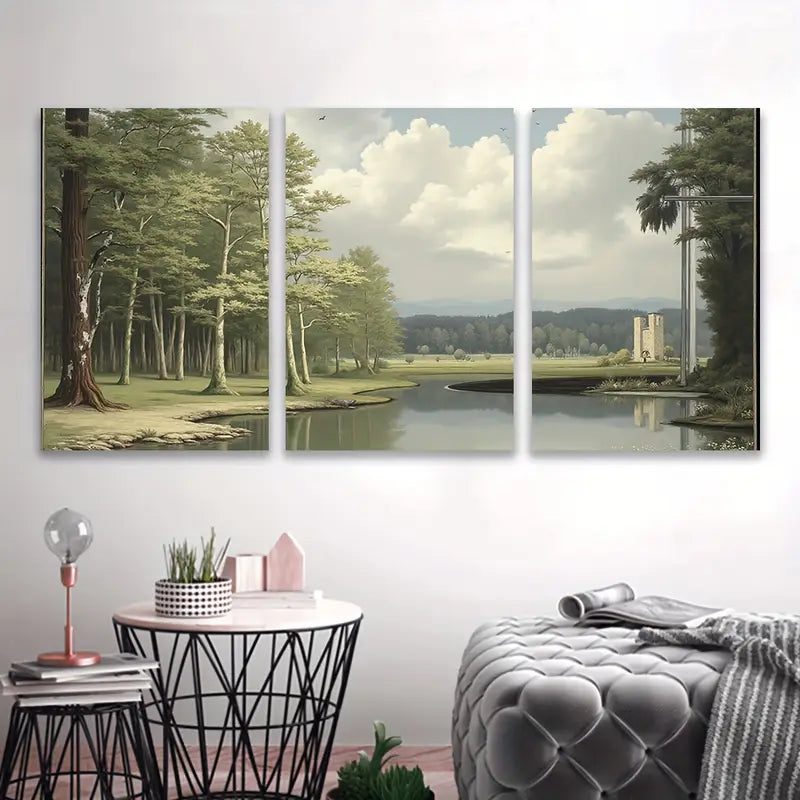 3pcs River Bridge Green Landscape Painting Wall Art Set Canvas Framed 50x70cm - High Quality Print 100% Australian Made Wall Canvas Ready to Hang