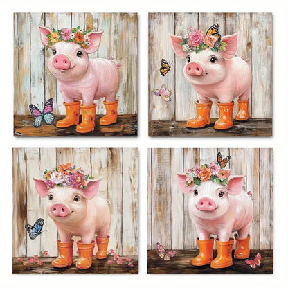 4pcs Funny Piggy And Pink Butterfly Pig Pictur  Wall Art Canvas Framed