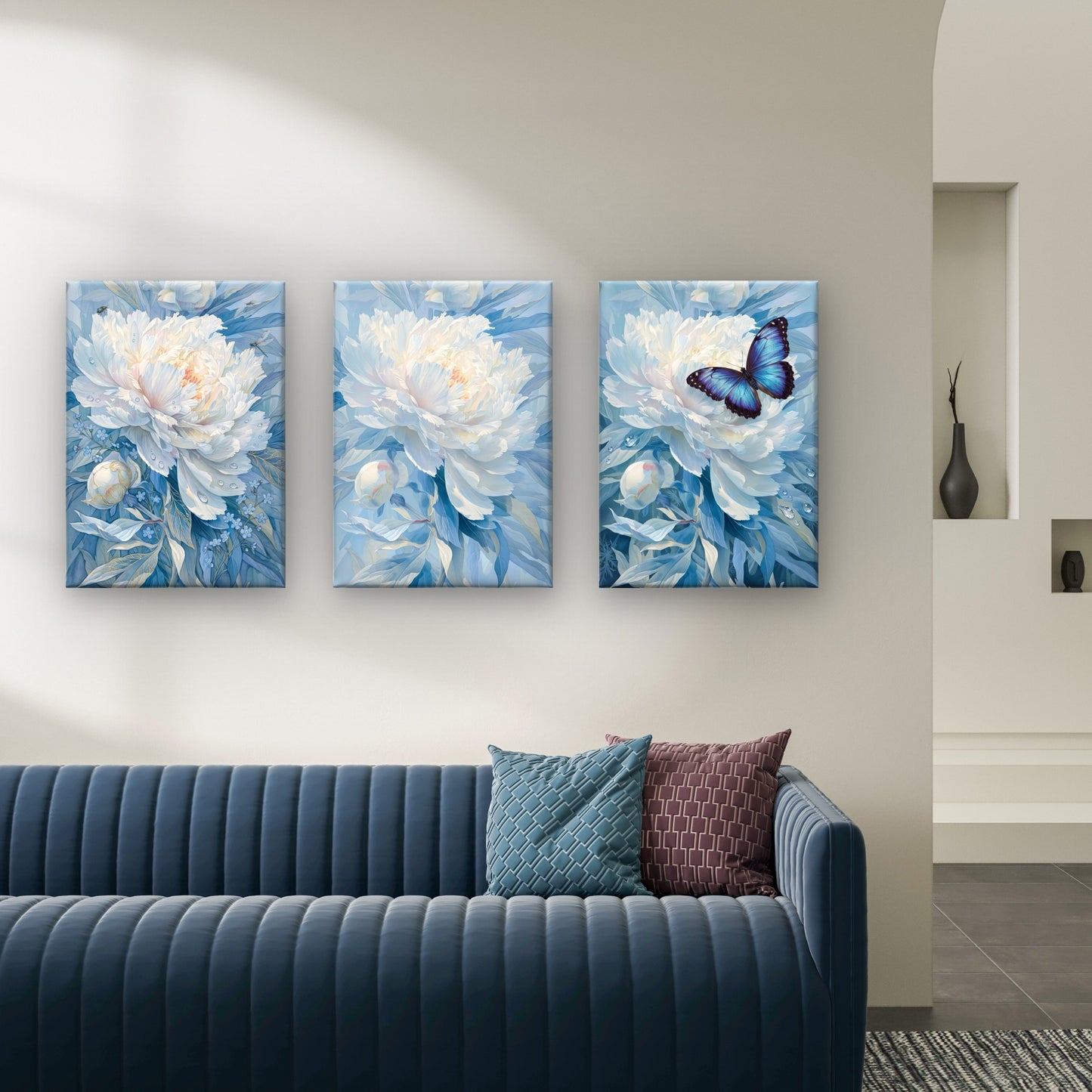 3pcs White Peony Blue Butterfly Floral    Wall Art Set Canvas Framed 50x70cm - High Quality Print 100% Australian Made Wall Canvas Ready to Hang