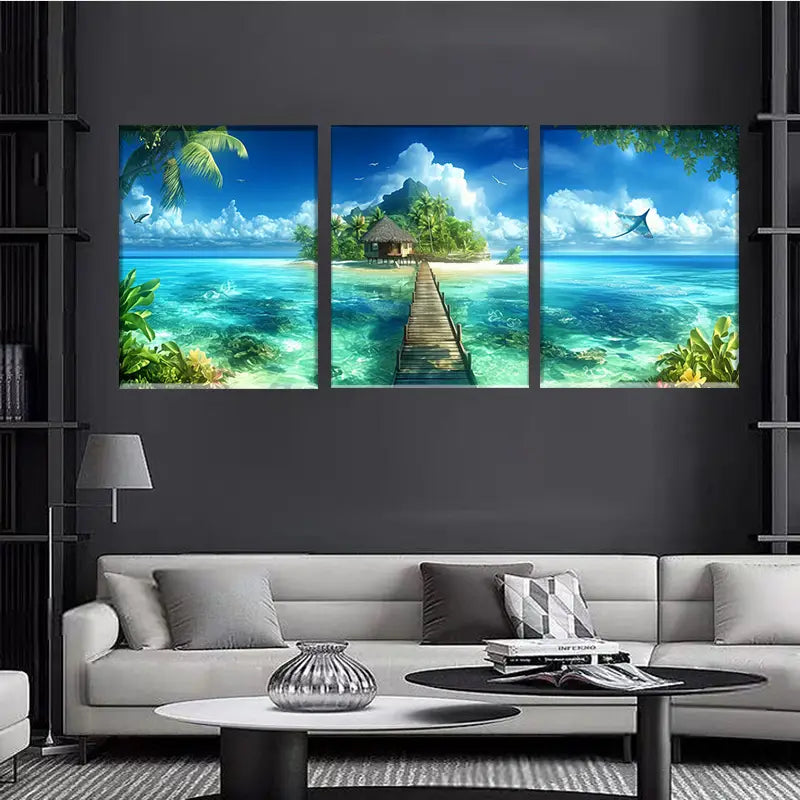 3pcs Vibrant Turquoise Waters & Lush Greenery Metal Print Ready to Hang Art