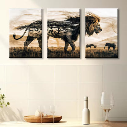 3pcs Male Lion Forest illustration Wall Art Set Canvas Framed 40x60cm - High Quality Print 100% Australian Made Wall Canvas Ready to Hang