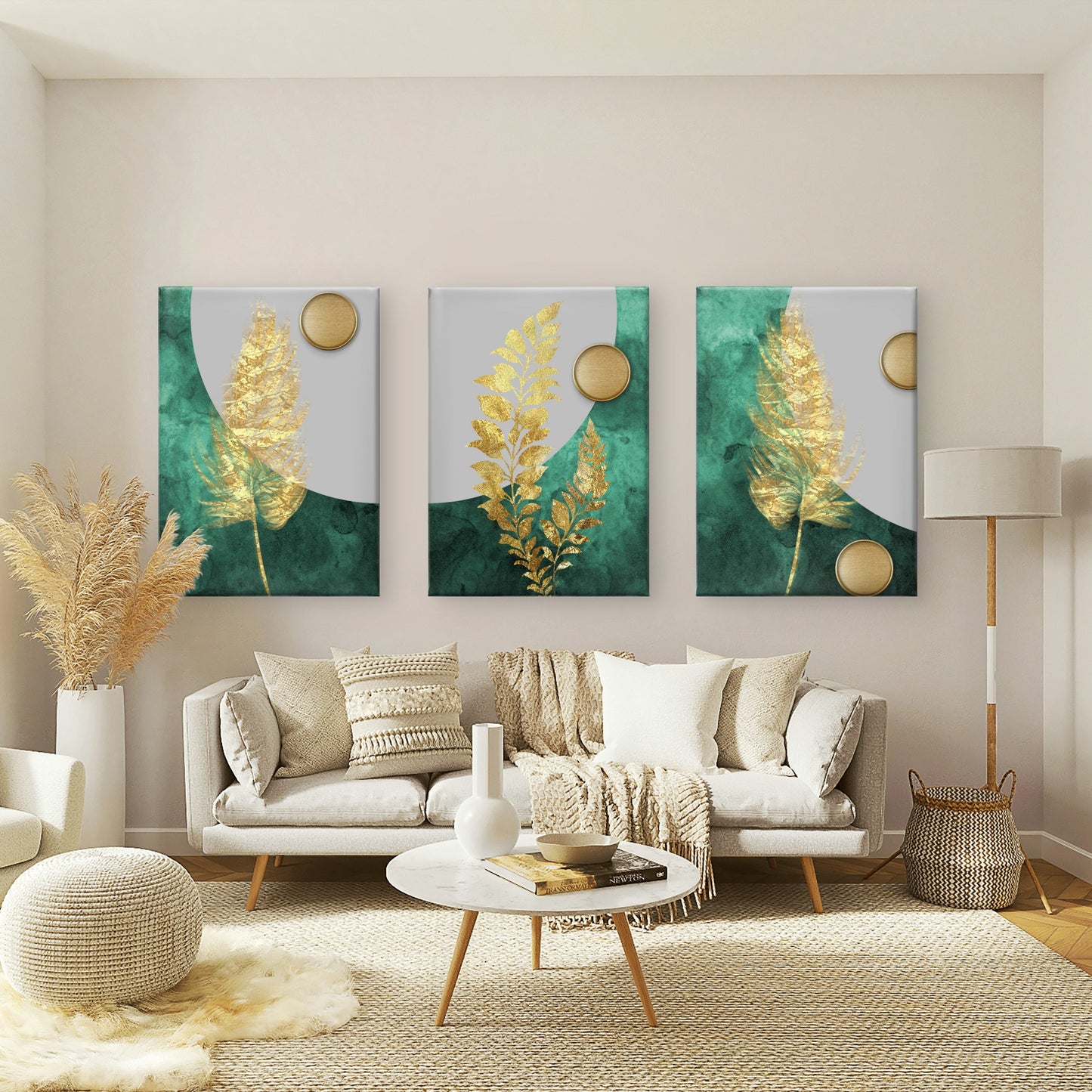 3pcs Abstract Emerald Green Gold Feather    Wall Art Set Canvas Framed 40x60cm - High Quality Print 100% Australian Made Wall Canvas Ready to Hang