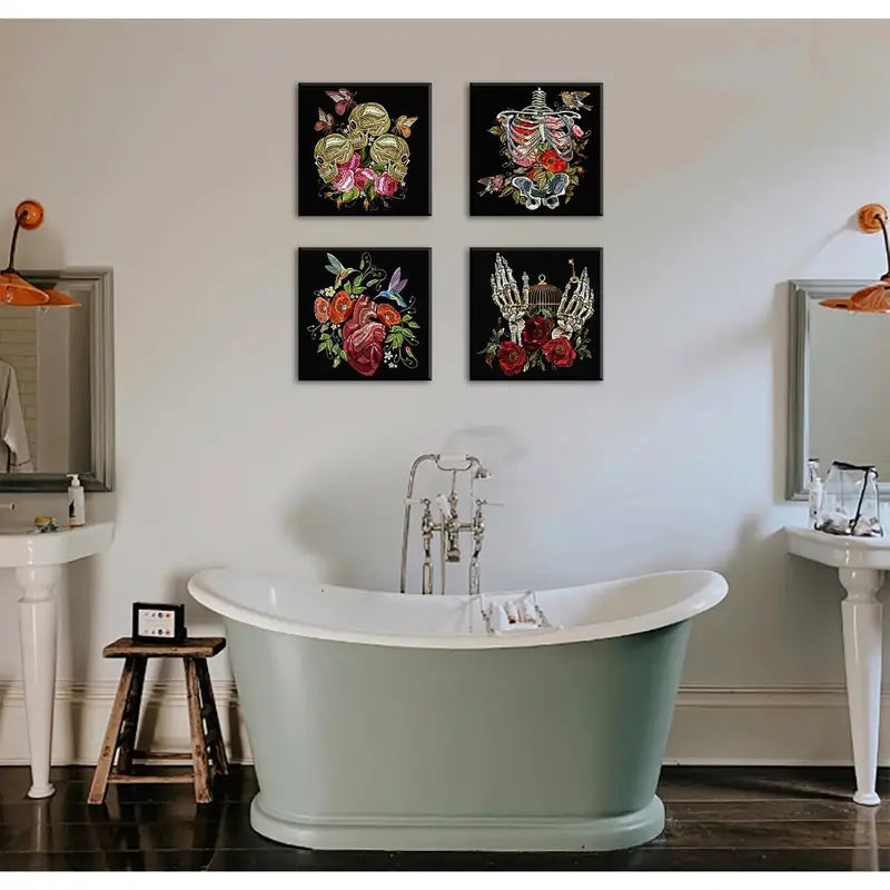 4pcs  Gothic Floral Skeleton Wall Art Canvas Framed - Bella Home Decor