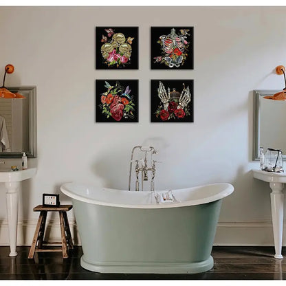 4pcs  Gothic Floral Skeleton Wall Art Canvas Framed - Bella Home Decor