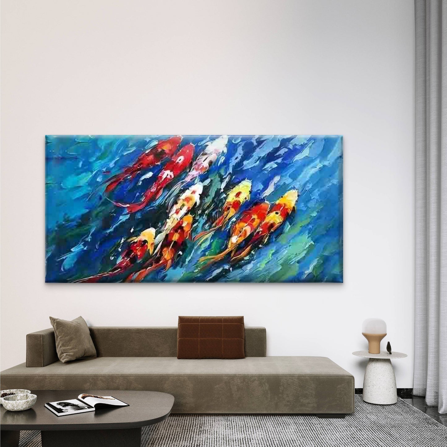 Blue Water Koi Swimming Wall Art Canvas Office Home Room Framed 120x60cm
