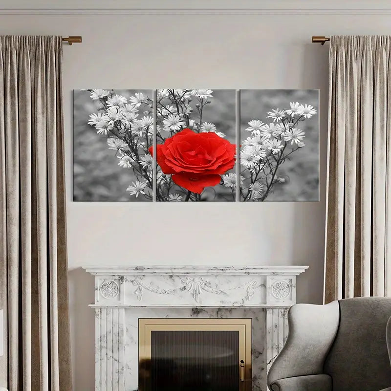 3pcs Red Roses & Small Daisies Floral Art Metal Print Ready to Hang Art