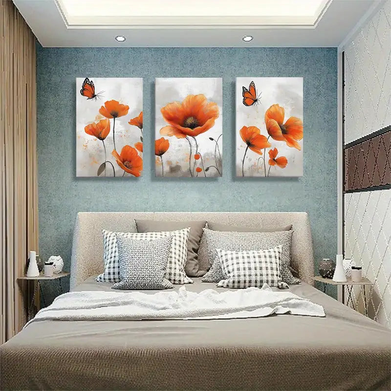 3pcs Orange Poppy & Butterfly Metal Print Ready to Hang Art