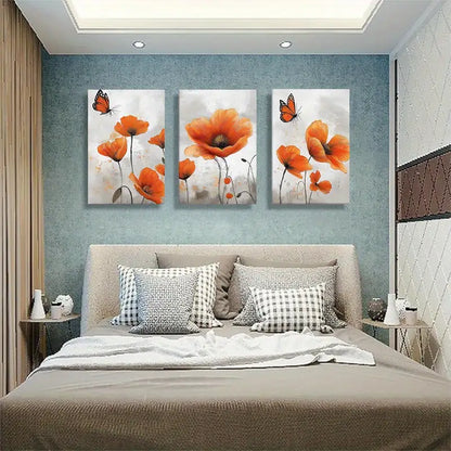 3pcs Orange Poppy & Butterfly Metal Print Ready to Hang Art