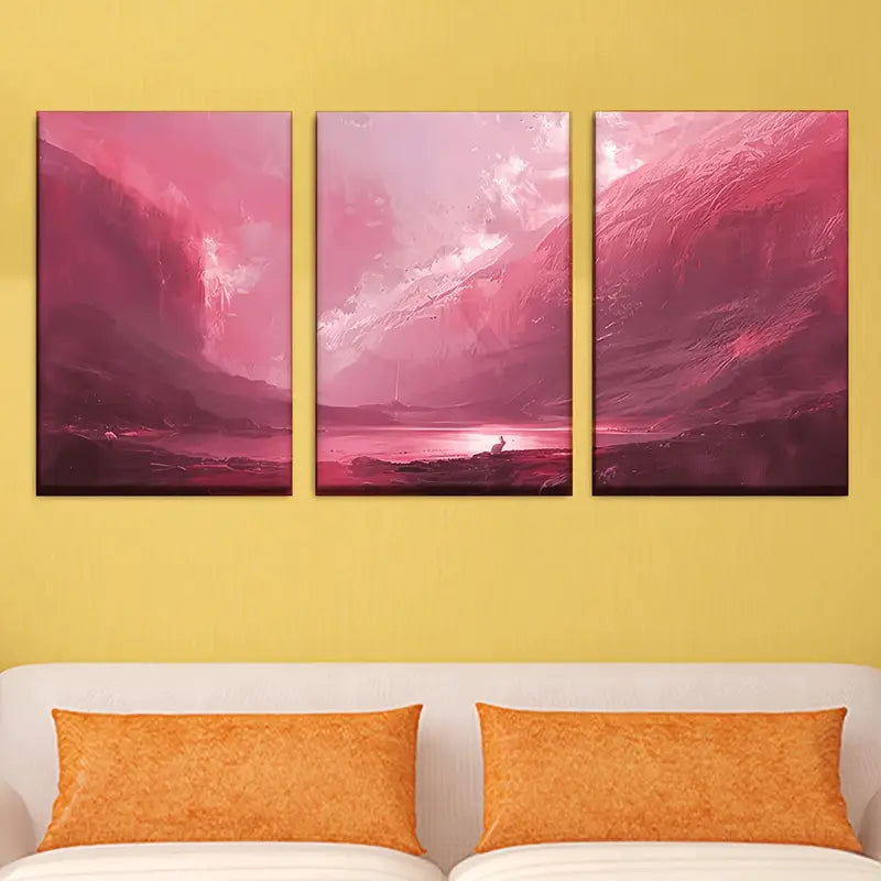 3pcs Pink & Burgundy Abstract Sky Metal Print Ready to Hang Art
