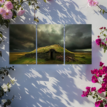 3pcs Icelandic Viking House Wall Art Set Canvas Framed 60x90cm - High Quality Print 100% Australian Made Wall Canvas Ready to Hang