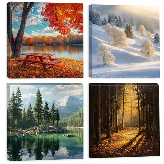 4pcs Seasonal Landscapes  Wall Art Canvas Framed