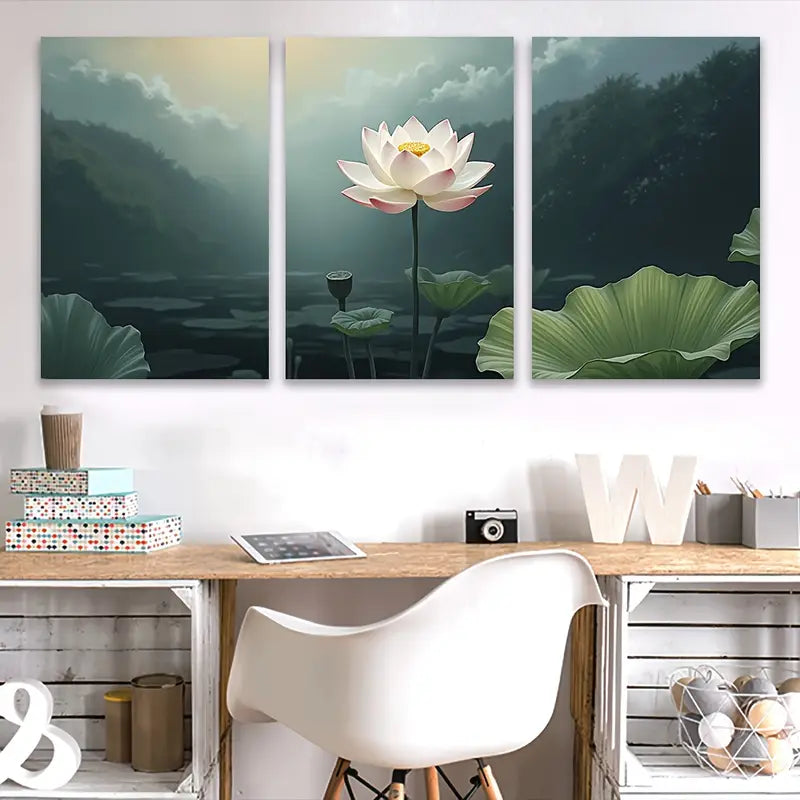 3pcs Lotus Flower & Lily Pads Nature Decor Wall Art Set Canvas Framed 40x60cm - High Quality Print 100% Australian Made Wall Canvas Ready to Hang