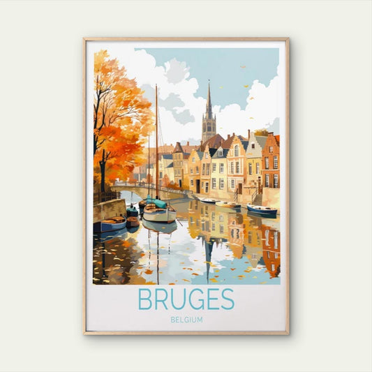 Bruges Belgium, Canal, Boats and Houses Travel Poster Print Wall Art - Bella Home Decor