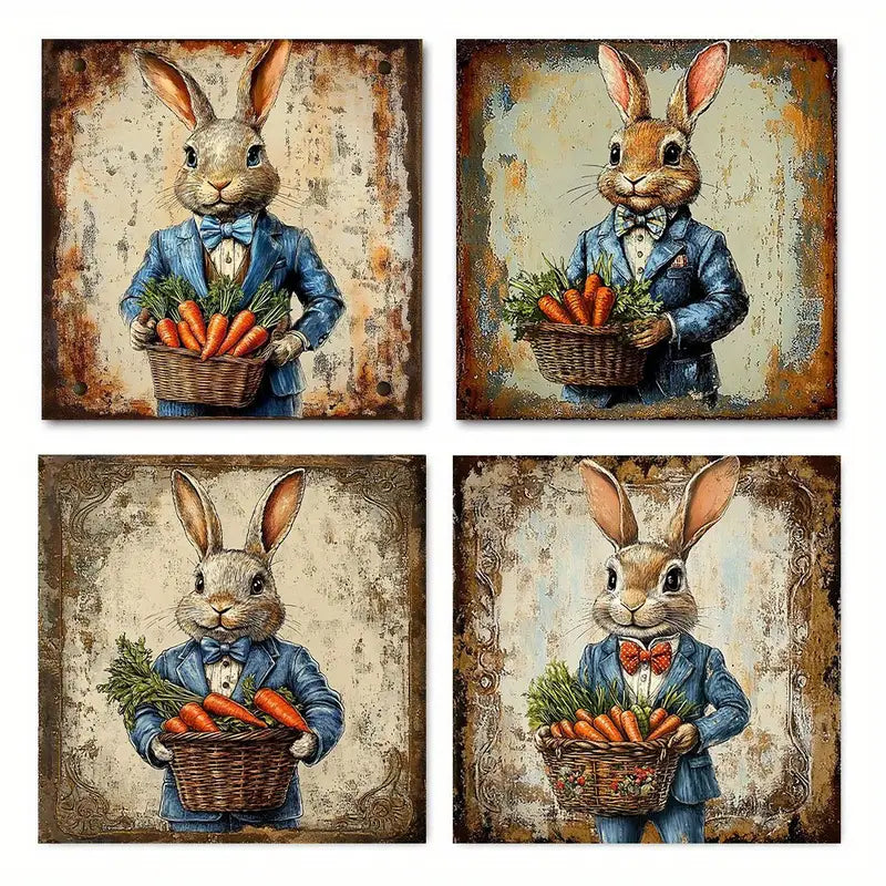 4pcs  Rabbit in Blue Suit & Carrot Basket UY    Wall Art Canvas Framed
