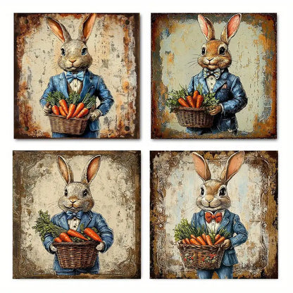 4pcs  Rabbit in Blue Suit & Carrot Basket UY    Wall Art Canvas Framed