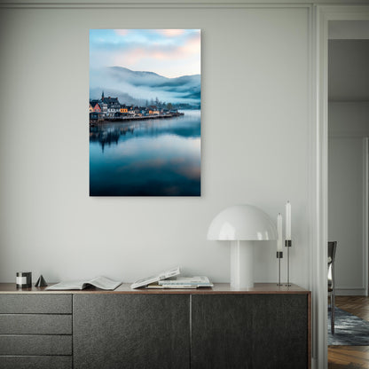 Hallstatt Austria Foggy Mountain Lake View 40x60cm Metal Print Ready to Hang