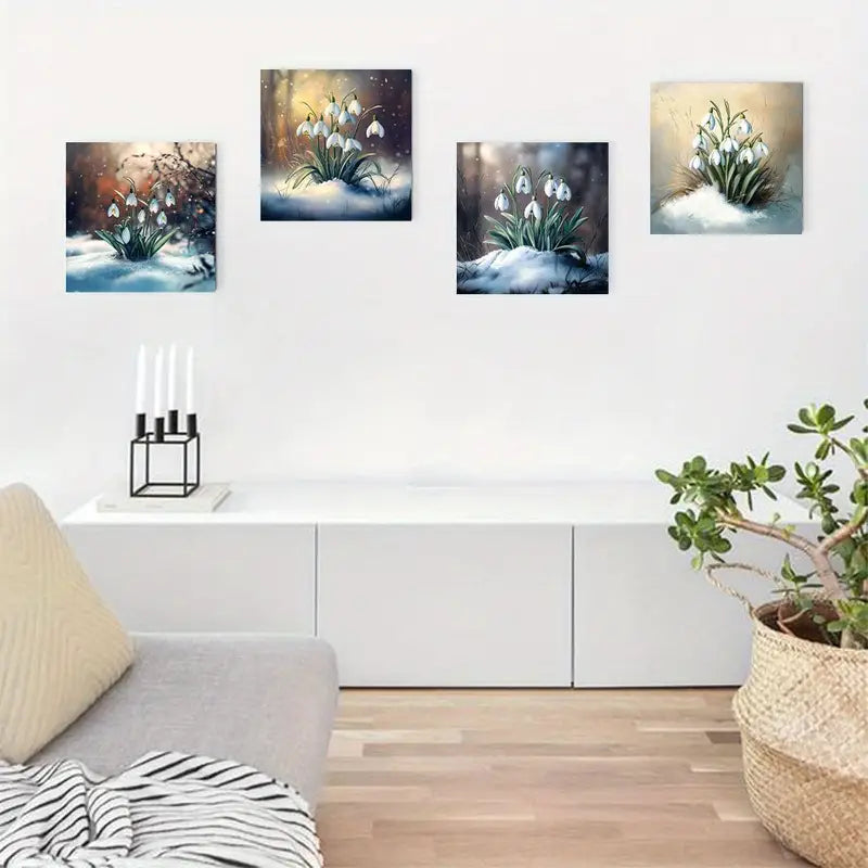 4pcs Blue Snowdrop Art Deco Wall Art Canvas Framed