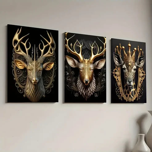 3pcs Golden Light Luxury Style Deer Head Crown Art Wall Art Canvas Unframed - High Quality Print 100% Australian Made Wall Canvas - Bella Home Decor