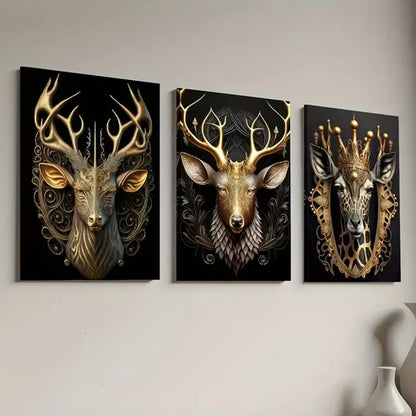 3pcs Golden Light Luxury Style Deer Head Crown Art Wall Art Canvas Unframed - High Quality Print 100% Australian Made Wall Canvas - Bella Home Decor