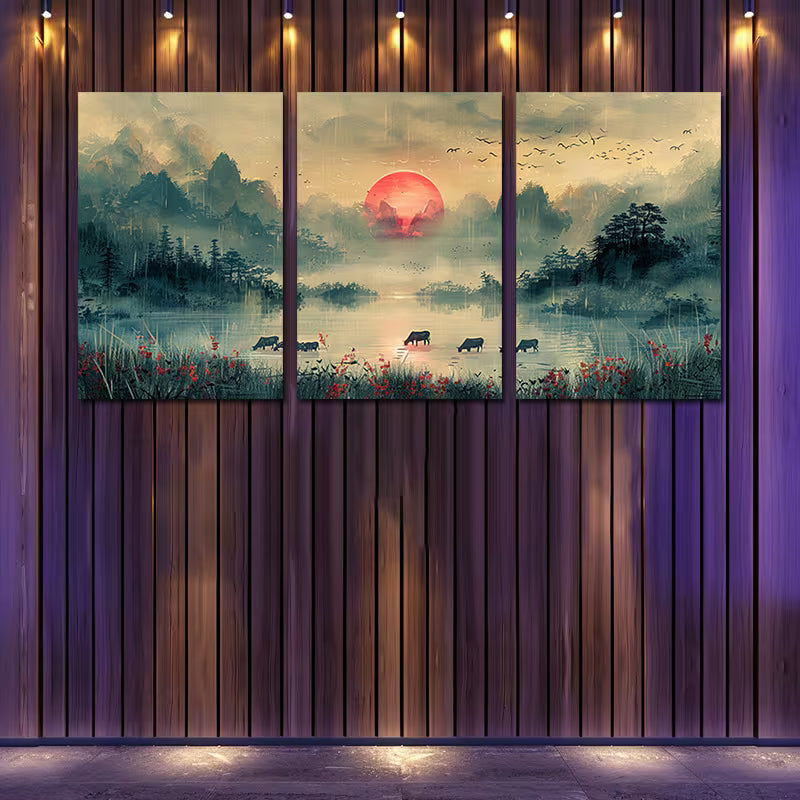 3pcs Pastoral Scene with Cows and Sheep Wall Art Set Canvas Framed 50x70cm - High Quality Print 100% Australian Made Wall Canvas Ready to Hang