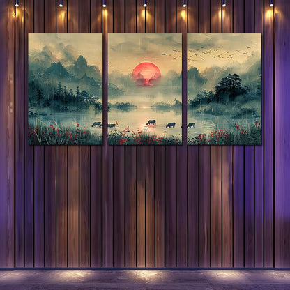 3pcs Pastoral Scene with Cows and Sheep Wall Art Set Canvas Framed 60x90cm - High Quality Print 100% Australian Made Wall Canvas Ready to Hang