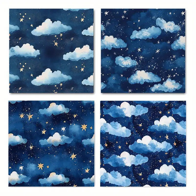 4pcs  Blue & White Clouds, Golden   Wall Art Canvas Framed