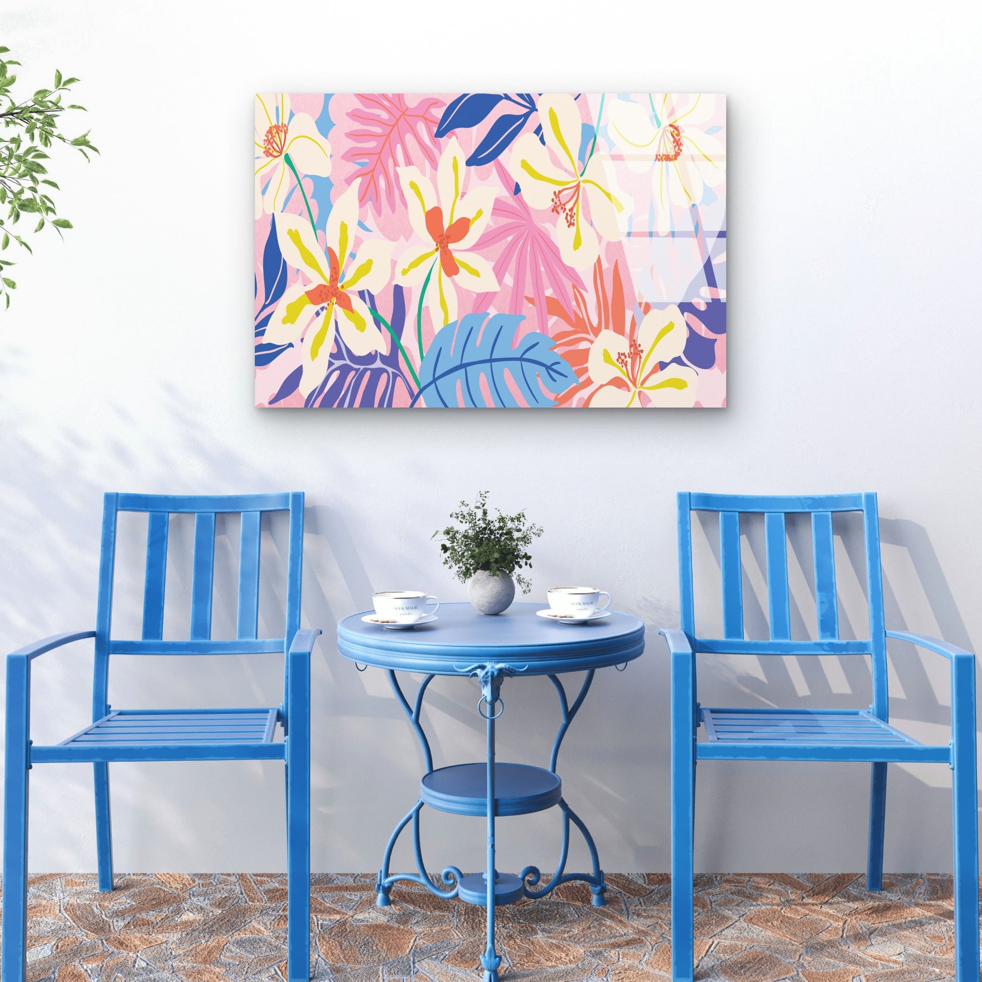 Bright Tropical Hibiscus Palm Leaf Acrylic Glass Printing Wall Art Australian Made Quality