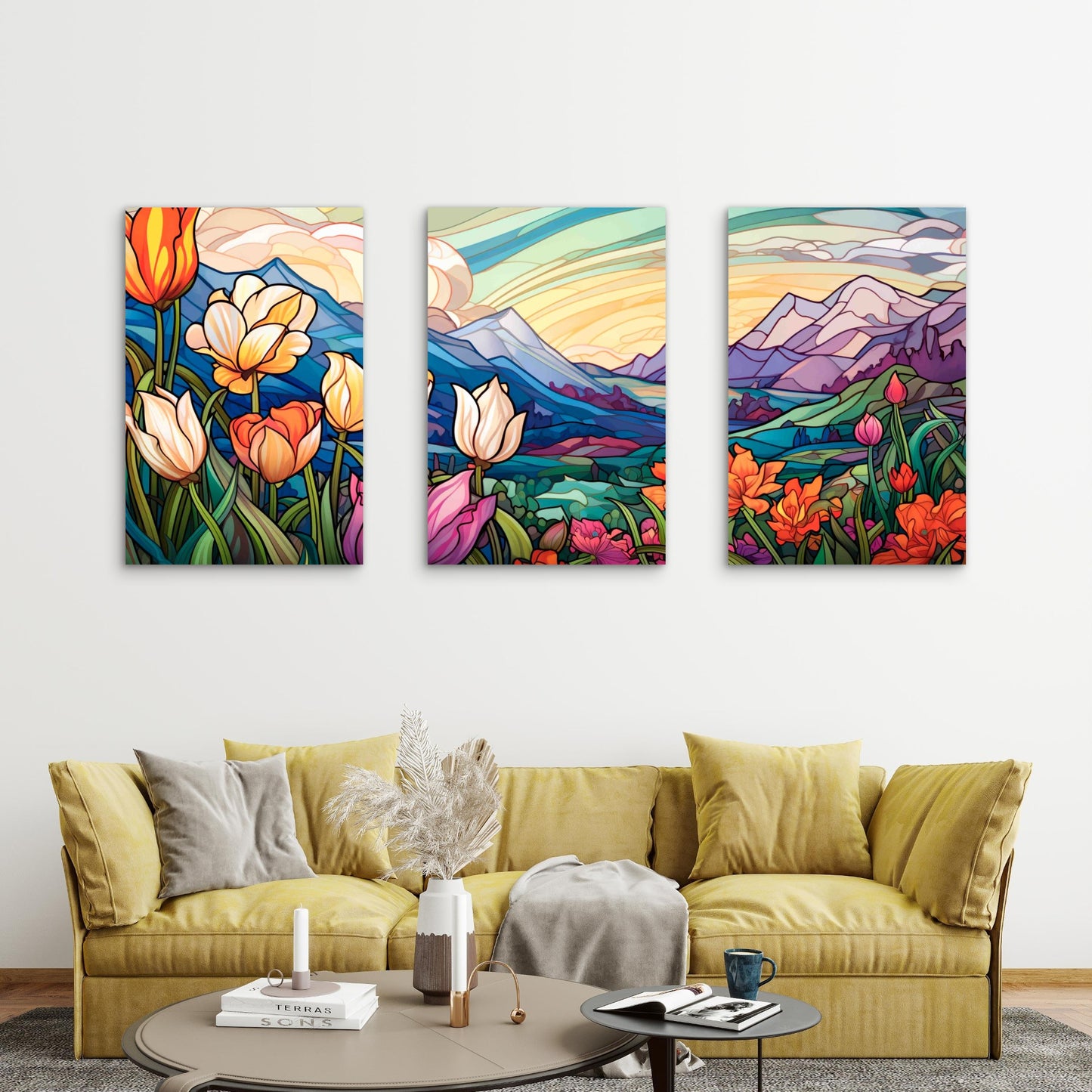 3pcs Tulip Valley Mountain Sunset Metal Print Ready to Hang Art