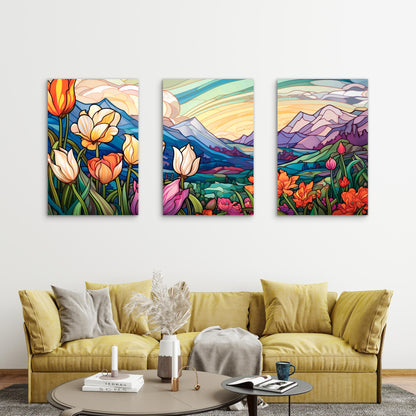 3pcs Tulip Valley Mountain Sunset Metal Print Ready to Hang Art