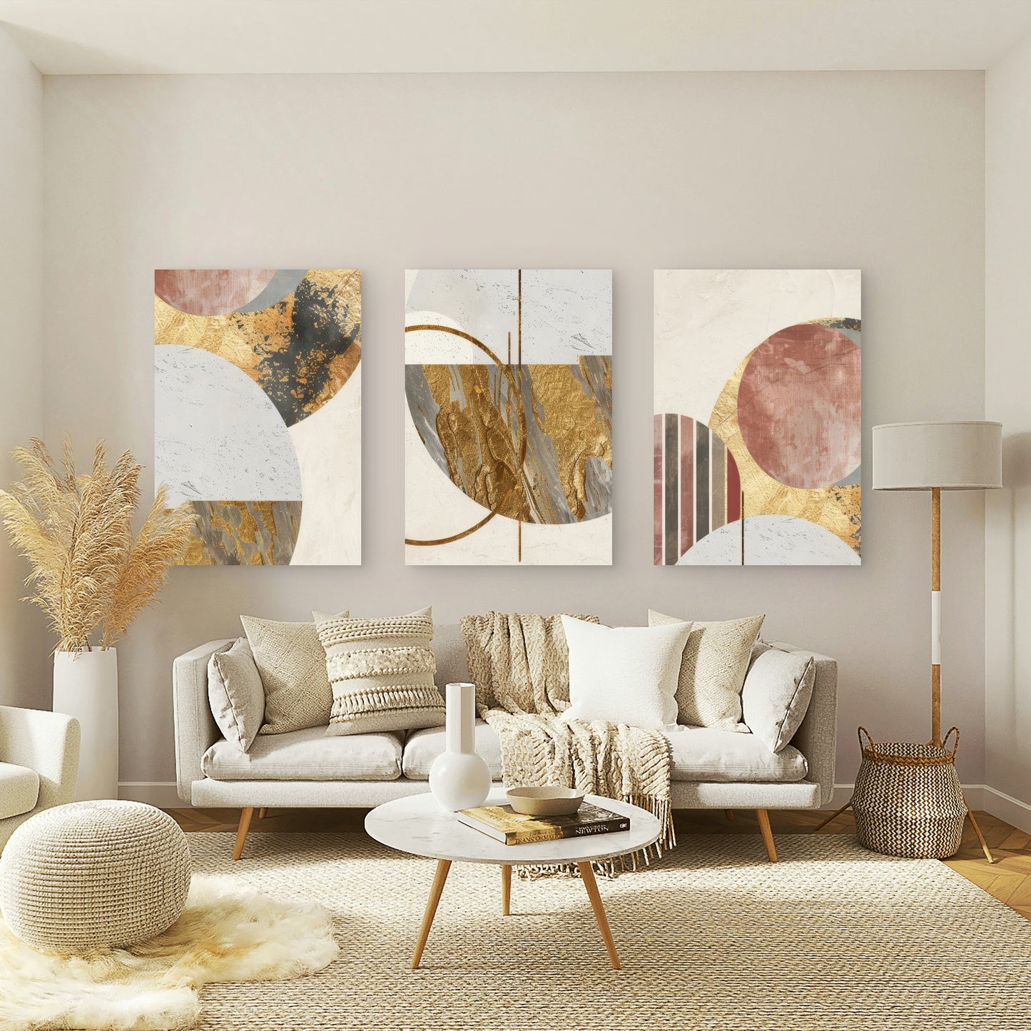 3pcs Abstract Pink Gold Foil Geometric Wall Art Set Canvas Framed 60x90cm - High Quality Print 100% Australian Made Wall Canvas Ready to Hang