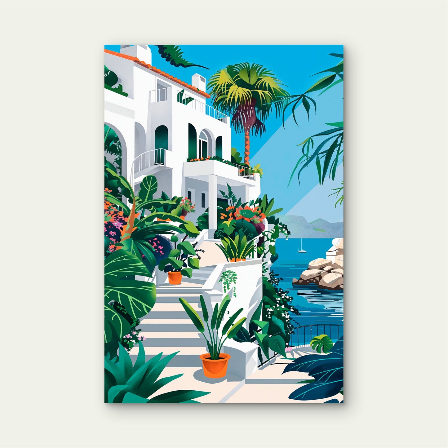 Mediterranean Village Landscape Digital Art Style 40x60cm Metal Print Ready to Hang
