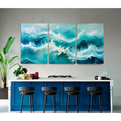 3pcs Turquoise To Navy Blue Seascape Triptych Metal Print Ready to Hang Art