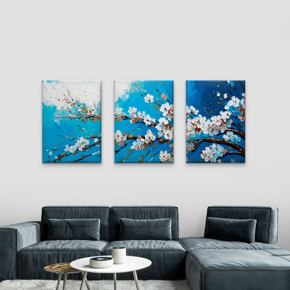 3pcs Abstract Teal White Blue Almond Blossom   Wall Art Set Canvas Framed 40x60cm - High Quality Print 100% Australian Made Wall Canvas Ready to Hang