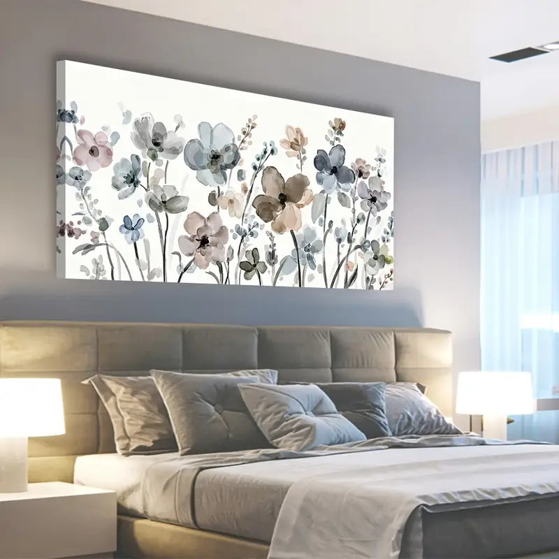 Navy Taupe Flowers Abstract Botanical Wall Art canvas office home room framed 120x60cm - Bella Home Decor