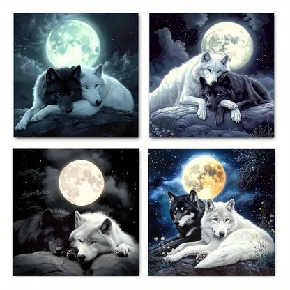 4pcs Moon Black And White Wolf theme  Wall Art Canvas Framed