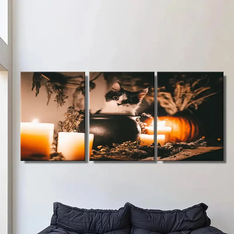 3pcs Black & White Kitten in Cauldron, Pumpkins Metal Print Ready to Hang Art - Bella Home Decor