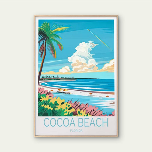 Cocoa Beach In Florida, Palm Tree Paint Travel Poster Print Wall Art - Bella Home Decor