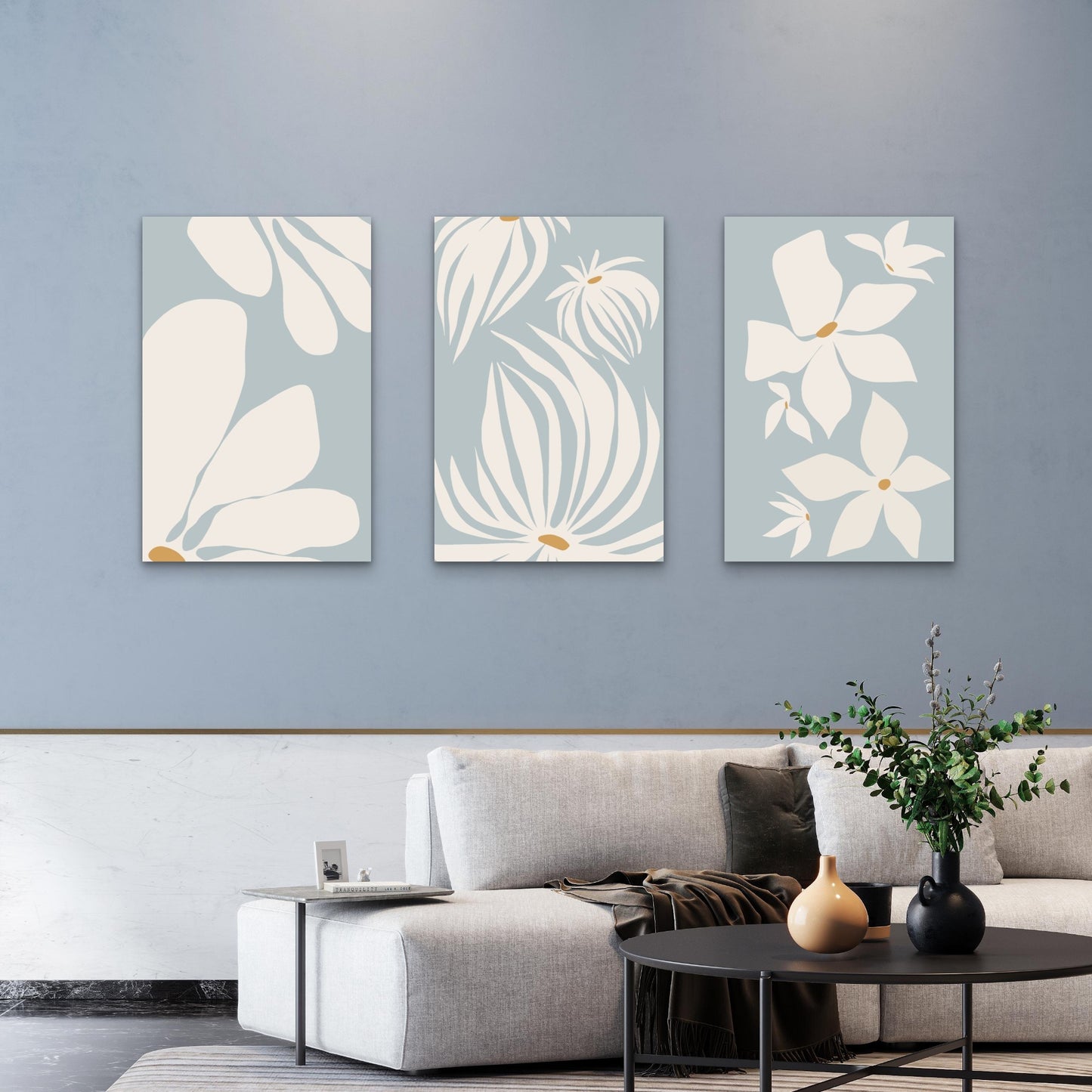 3pcs Sage Blue White Daisy Minimalist  Wall Art Set Canvas Framed 50x70cm - High Quality Print 100% Australian Made Wall Canvas Ready to Hang