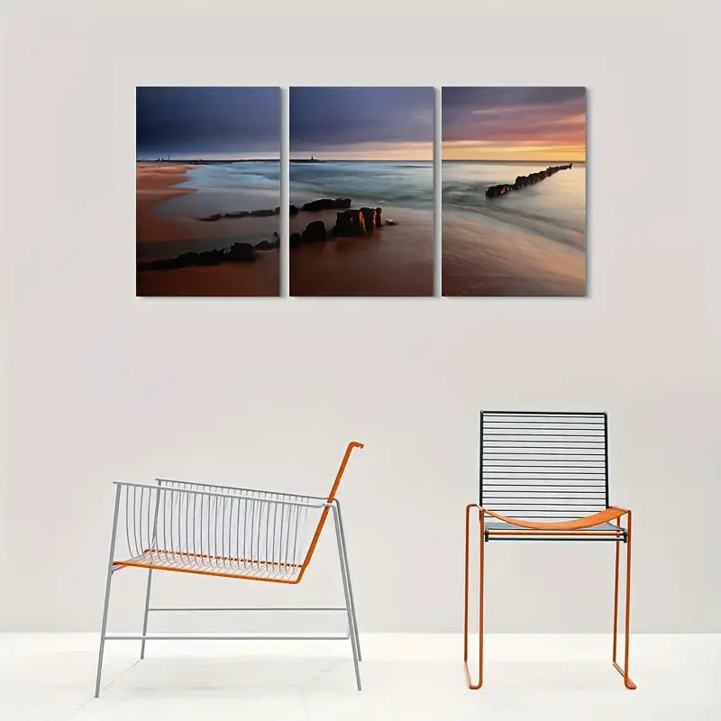 3pcs Modern Beach Sunset Ocean Landscape Triptych Metal Print Ready to Hang Art