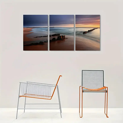 3pcs Modern Beach Sunset Ocean Landscape Triptych Metal Print Ready to Hang Art